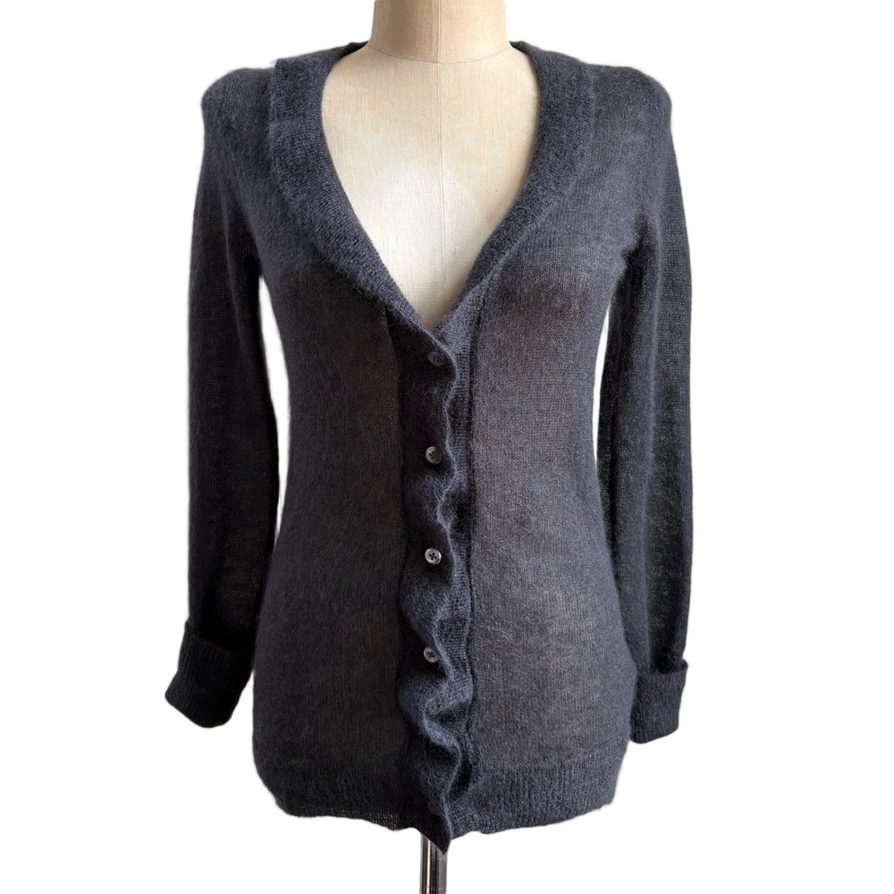 Warm J. Crew Grey Ruffled MOHAIR WOOL Blend Deep V-neck Collegiate Cardigan sm
